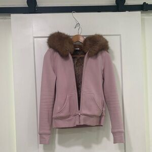 Aritzia Pink Zip-Up Hoodie with Brown Fur Hood Trim